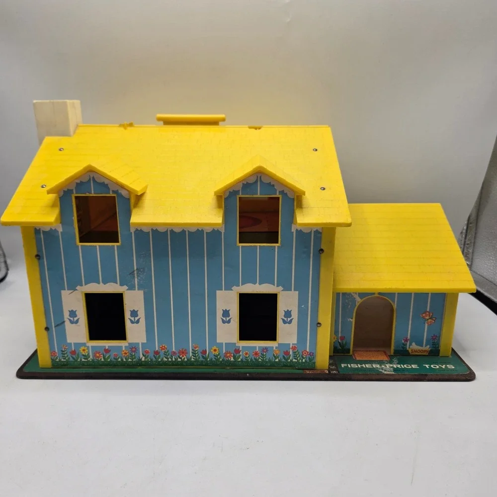 Fisher Price Play Family House 952 Vintage Blue Yellow Dollhouse Working Bell